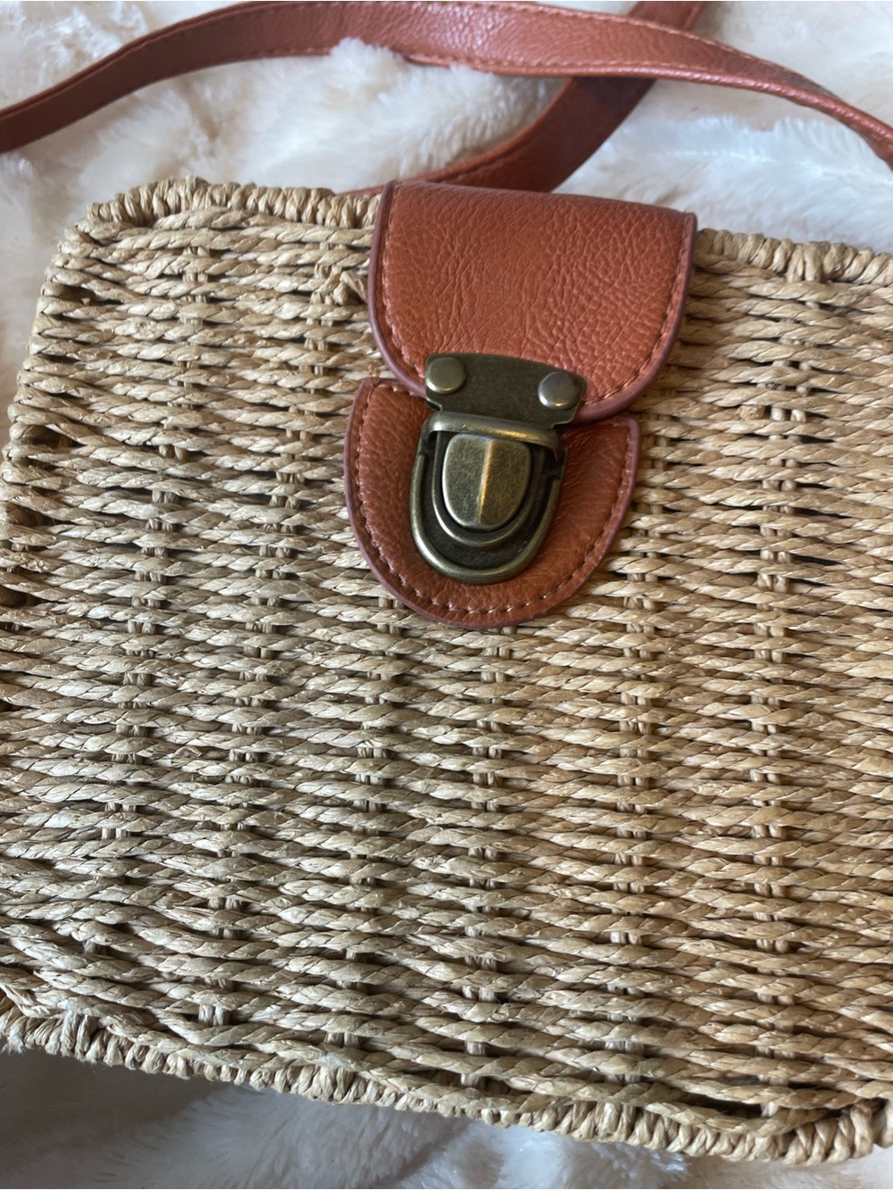 Woven Straw Crossbody Bag with Tan Leather Trim - Picture 2 of 8